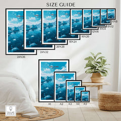Iceland Poster | Nordic Landscape Wall Decor size guide showcasing various frame dimensions and styles for wall decor.