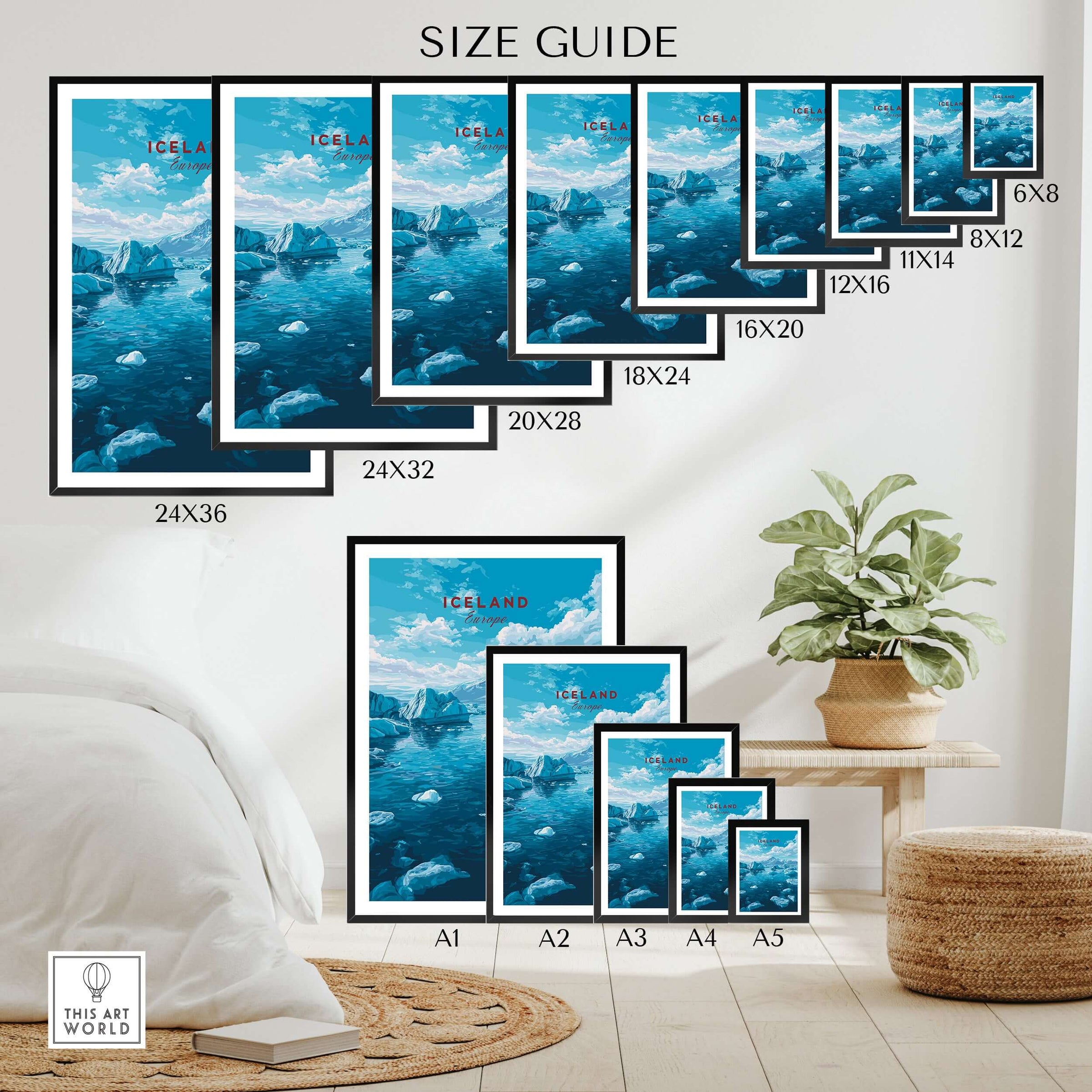 Iceland Poster | Nordic Landscape Wall Decor size guide showcasing various frame dimensions and styles for wall decor.