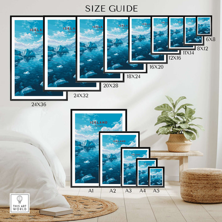Iceland Poster | Nordic Landscape Wall Decor size guide showcasing various frame sizes and elegant decor styling.