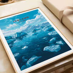 Iceland Poster | Nordic Landscape Wall Decor featuring vibrant blue icy waters and dramatic mountainous scenery.