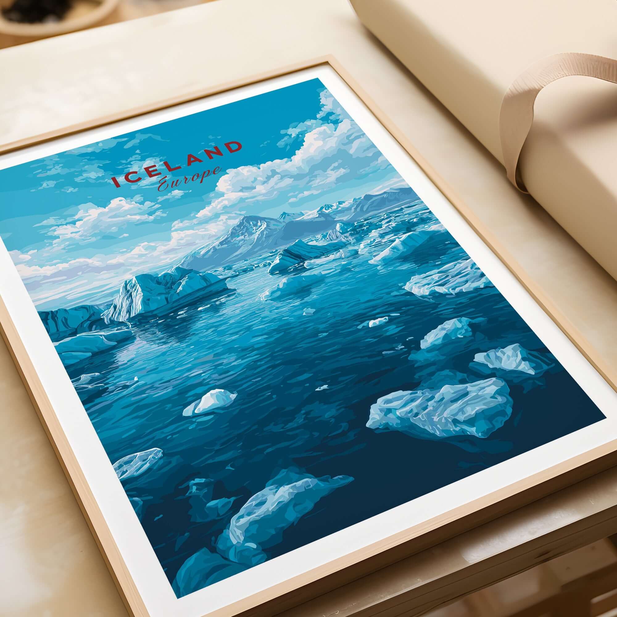 Iceland Poster | Nordic Landscape Wall Decor featuring vibrant blue icy waters and dramatic mountainous scenery.