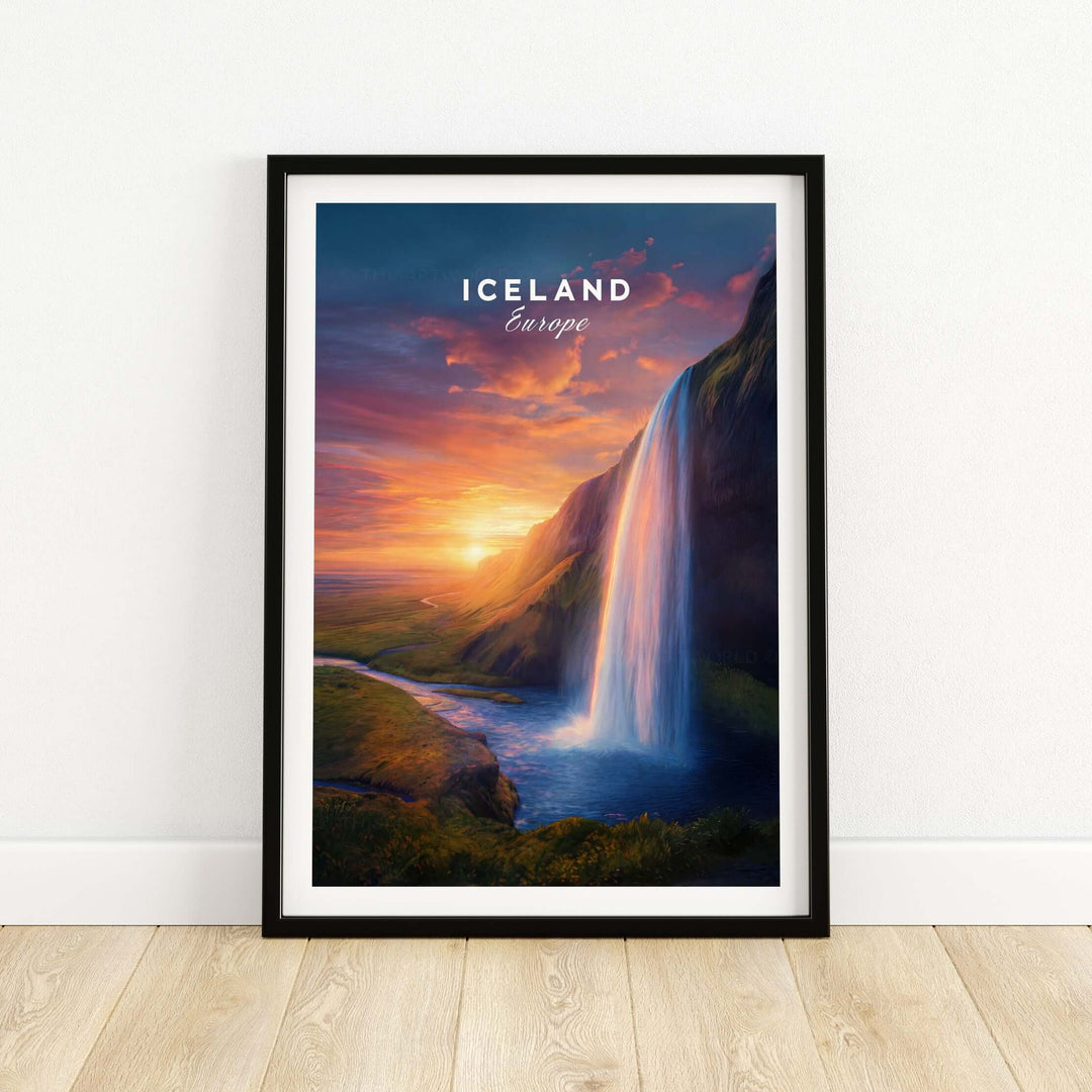 Iceland Poster | Icelandic Home Wall Art showcasing a stunning waterfall and sunset in Iceland.