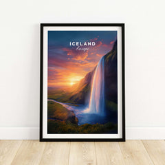 Iceland Poster | Icelandic Home Wall Art showcasing stunning Icelandic waterfall and sunset.