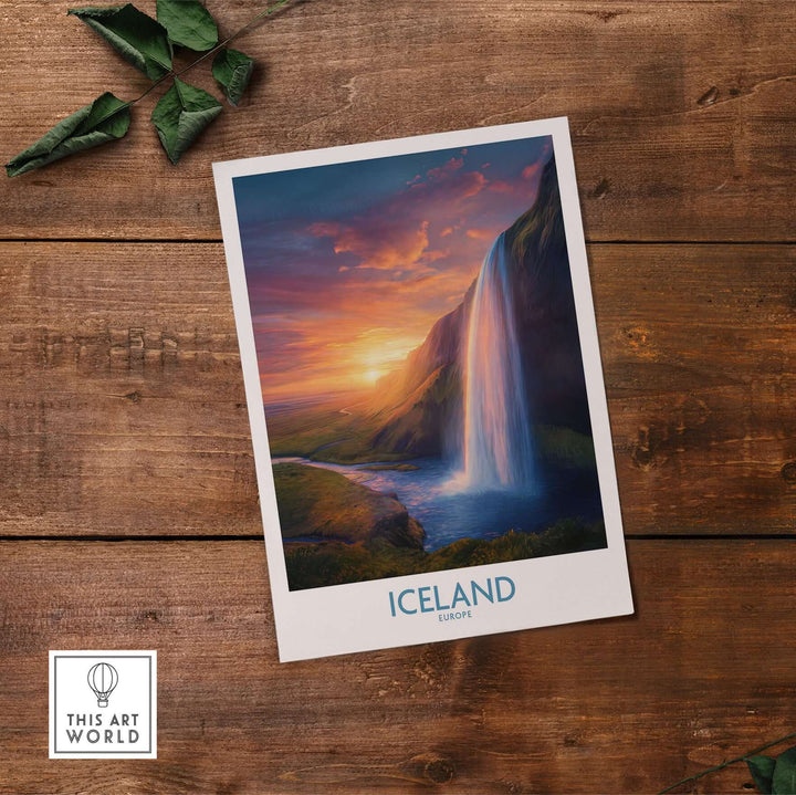 Iceland Wall Art | Seljalandsfoss Poster featuring stunning sunset over the waterfall and lush landscape.