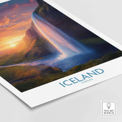 Iceland Wall Art | Seljalandsfoss Poster showcasing Seljalandsfoss waterfall under a vibrant sunset.