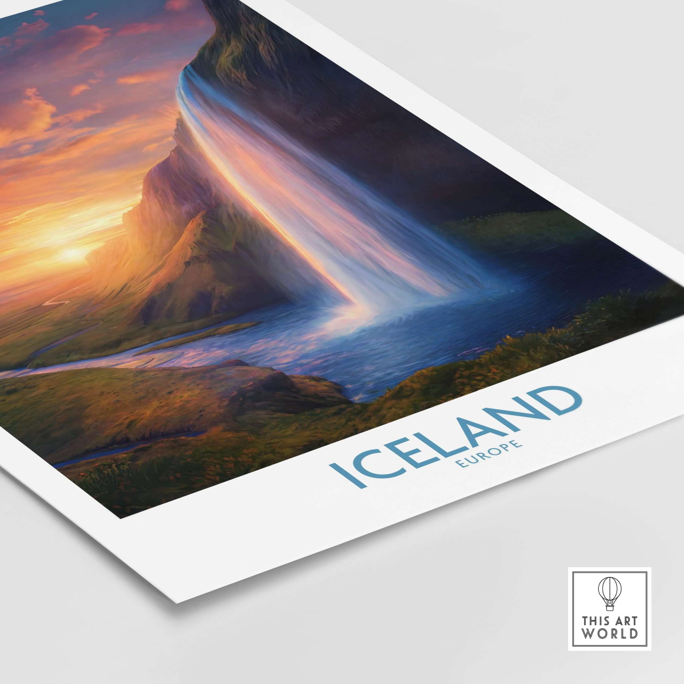 Iceland Wall Art | Seljalandsfoss Poster showcasing Seljalandsfoss waterfall under a vibrant sunset.