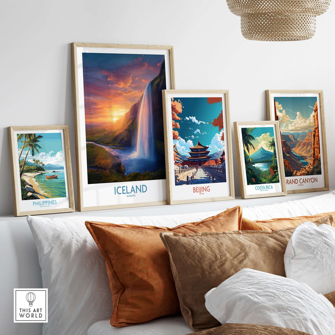 Iceland Wall Art | Seljalandsfoss Poster displayed among other travel-themed art prints.