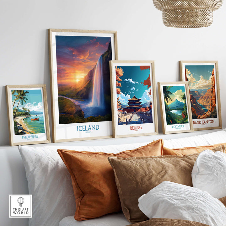 Iceland Wall Art | Seljalandsfoss Poster displayed among other travel-themed art prints.