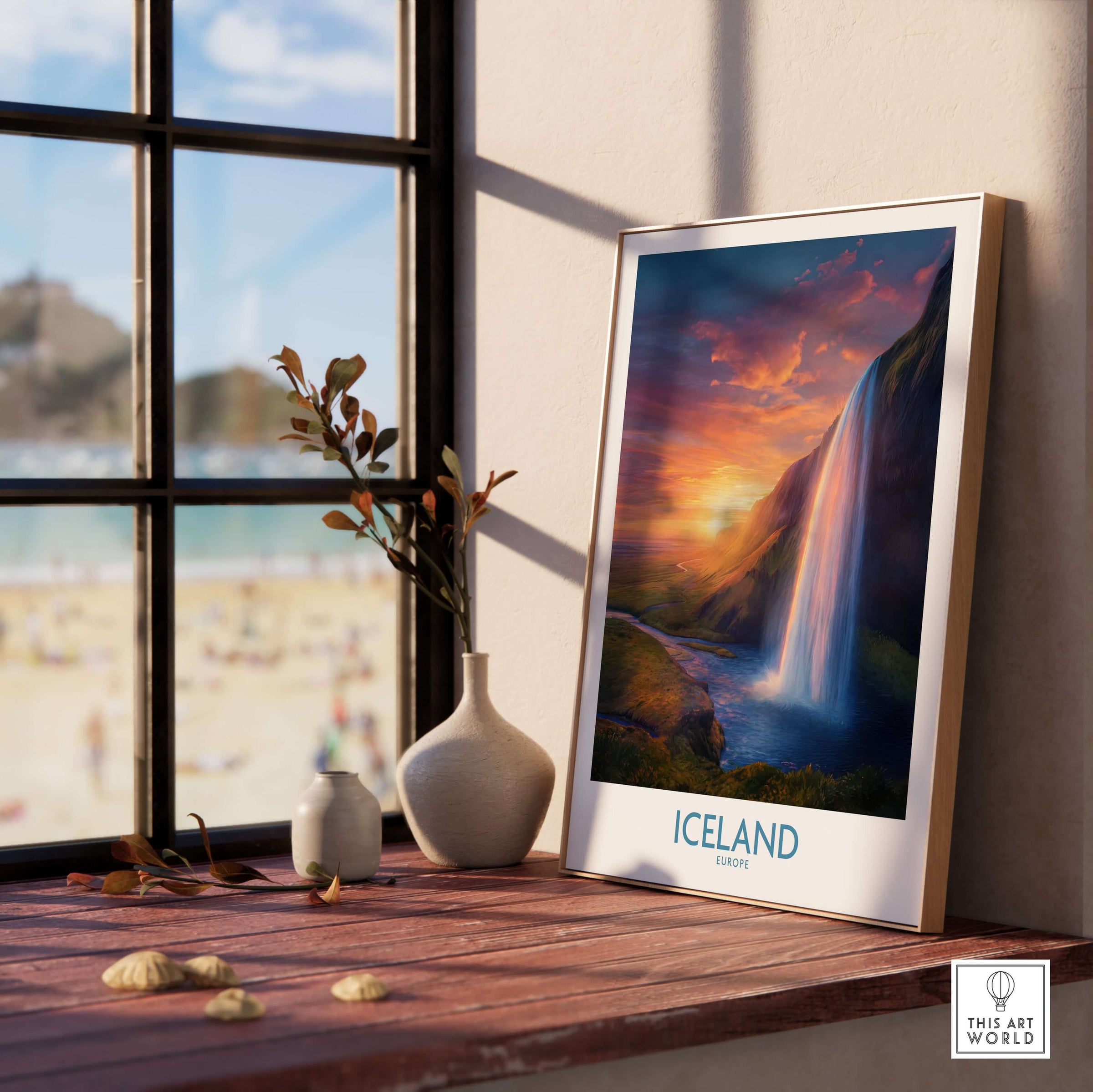 Iceland Wall Art | Seljalandsfoss Poster displayed elegantly in a bright room highlighting the stunning Seljalandsfoss waterfall.