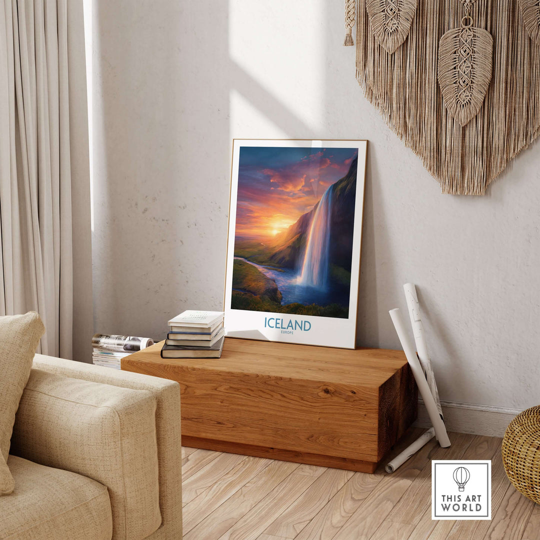Iceland Wall Art | Seljalandsfoss Poster displayed in a cozy living room setting with a wooden table.