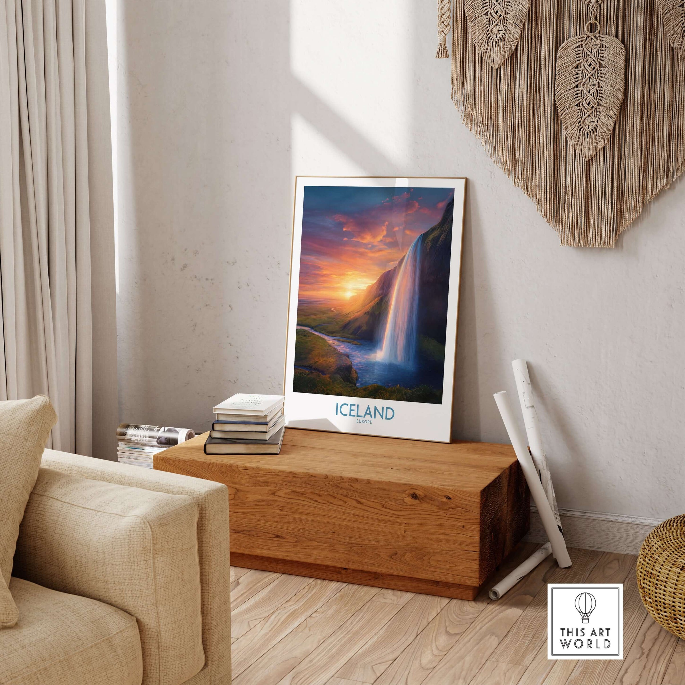 Iceland Wall Art | Seljalandsfoss Poster displayed in a modern living room setting.