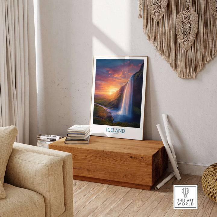Iceland Wall Art | Seljalandsfoss Poster displayed in a cozy living room setting with a wooden table.