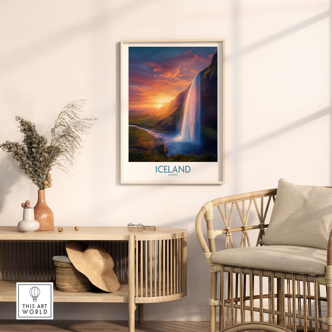 Iceland Wall Art | Seljalandsfoss Poster featuring a stunning sunset with a waterfall.