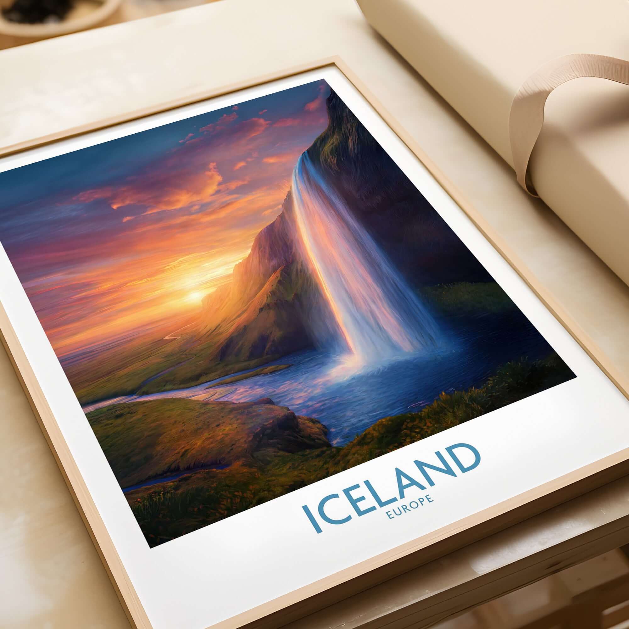 Iceland Wall Art | Seljalandsfoss Poster featuring a stunning waterfall at sunset.