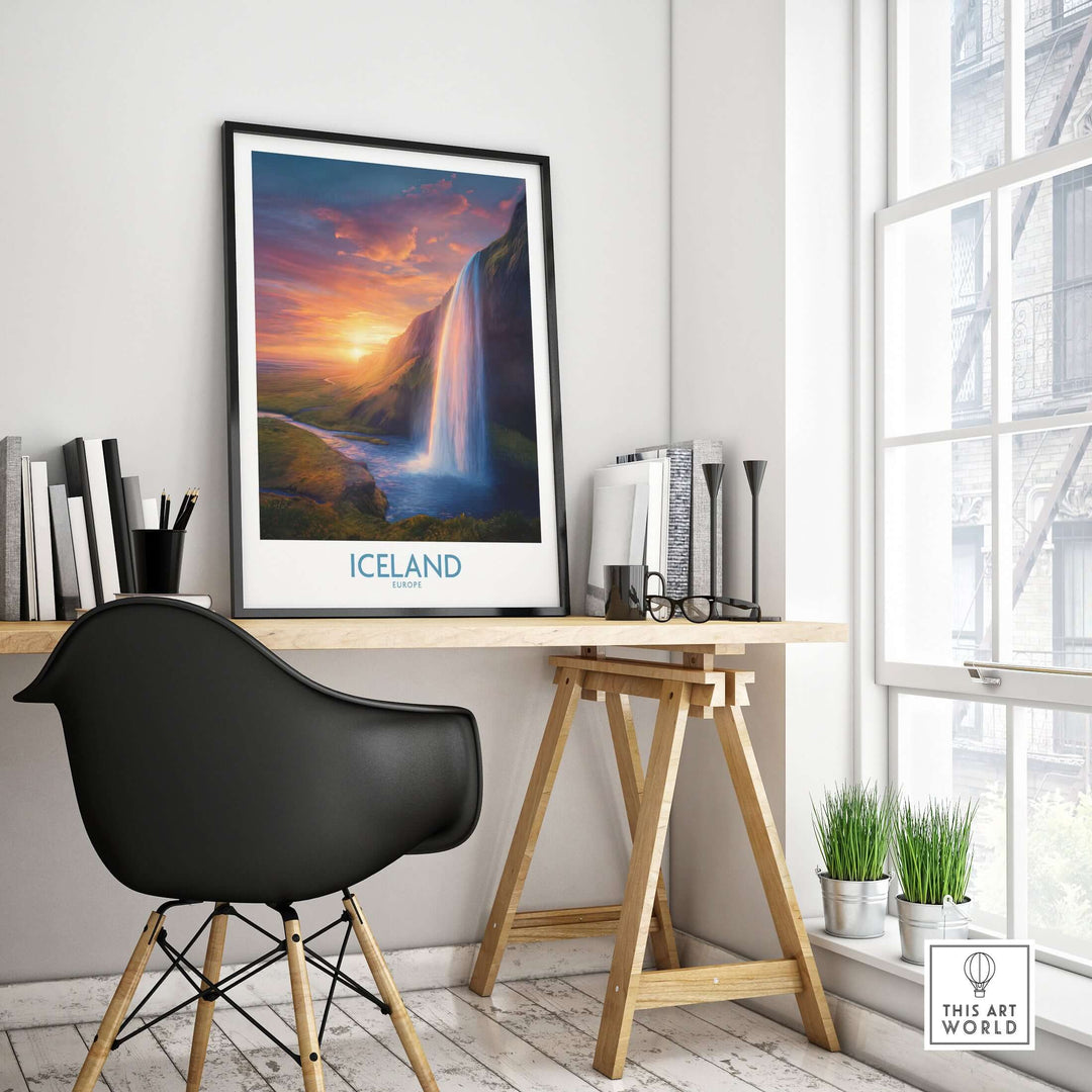 Iceland Wall Art | Seljalandsfoss Poster displayed in a modern workspace, showcasing the iconic waterfall and vibrant colors.