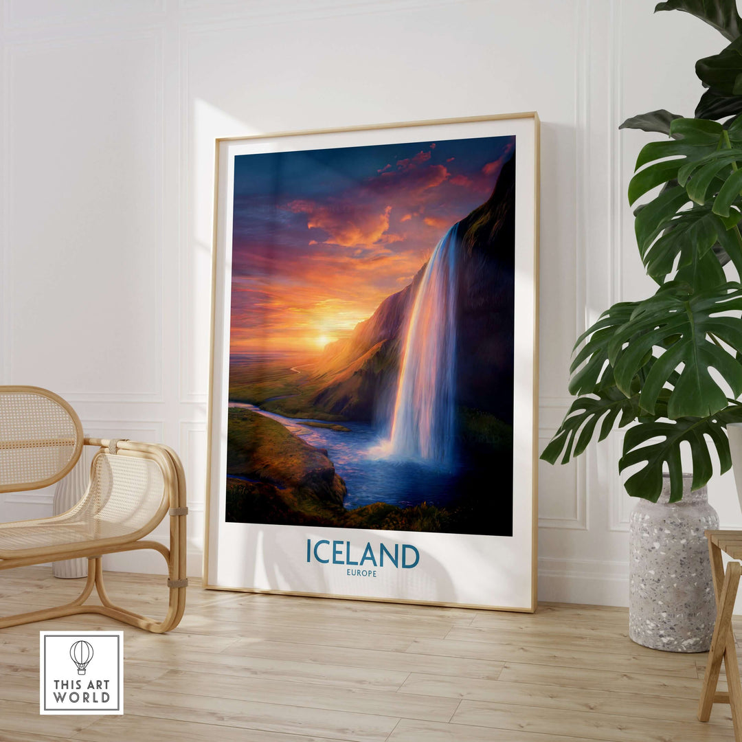 Iceland Wall Art | Seljalandsfoss Poster showcasing the vibrant waterfall and sunset backdrop in a stylish interior.