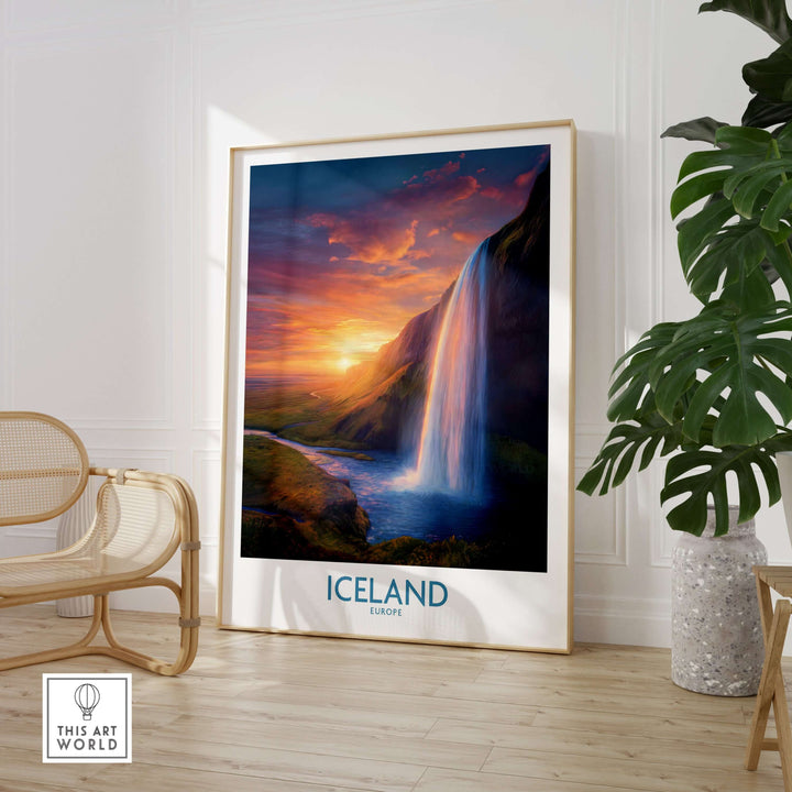 Iceland Wall Art | Seljalandsfoss Poster showcasing the vibrant waterfall and sunset backdrop in a stylish interior.