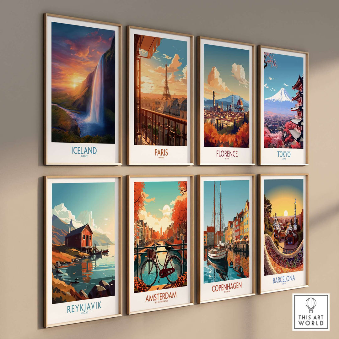 Iceland Wall Art | Seljalandsfoss Poster featuring a stunning waterfall alongside other iconic travel prints.