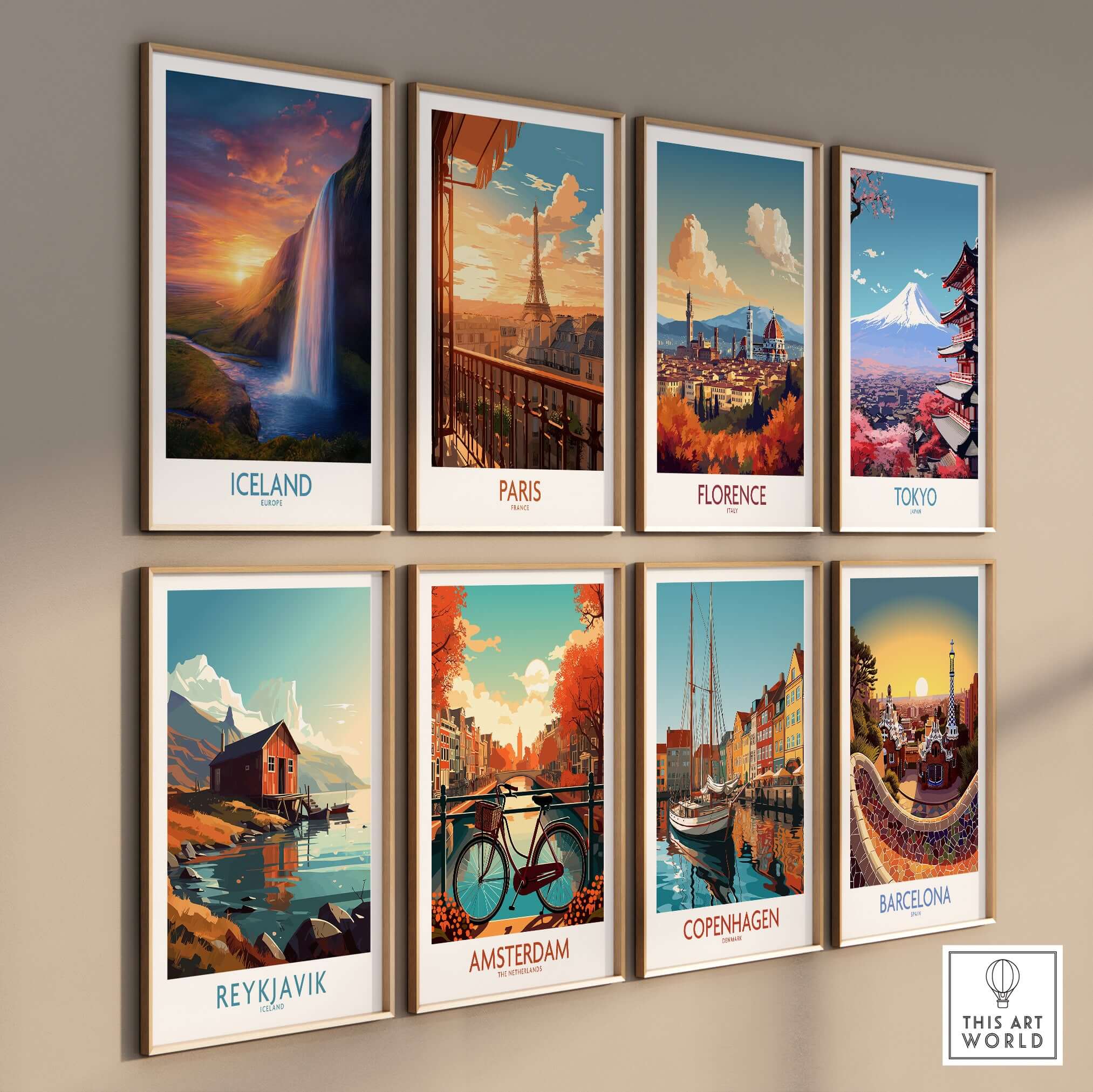 Iceland Wall Art | Seljalandsfoss Poster featured in a gallery wall with travel-themed prints.