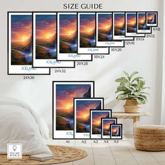 Iceland Wall Art | Seljalandsfoss Poster size guide on display with various frame options in a cozy living room.