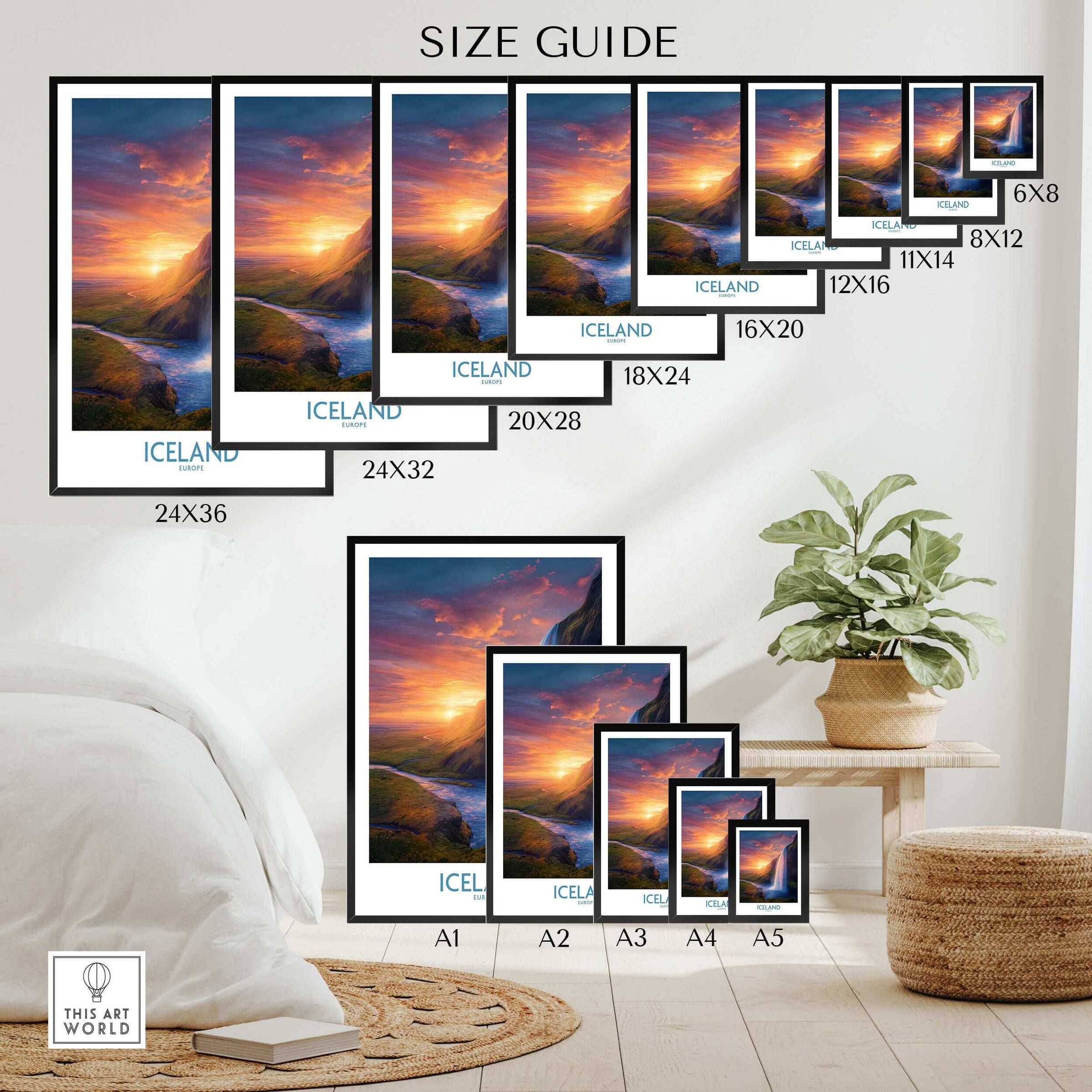 Iceland Wall Art | Seljalandsfoss Poster size guide on display with various frame options in a cozy living room.