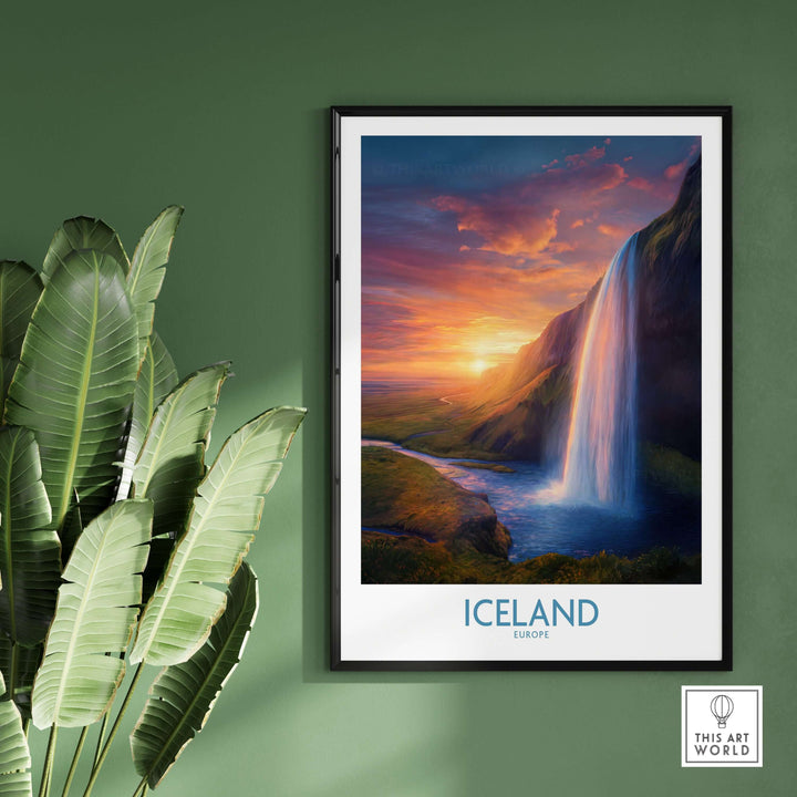 Iceland Wall Art | Seljalandsfoss Poster featuring a stunning waterfall and vibrant sunset in Iceland.