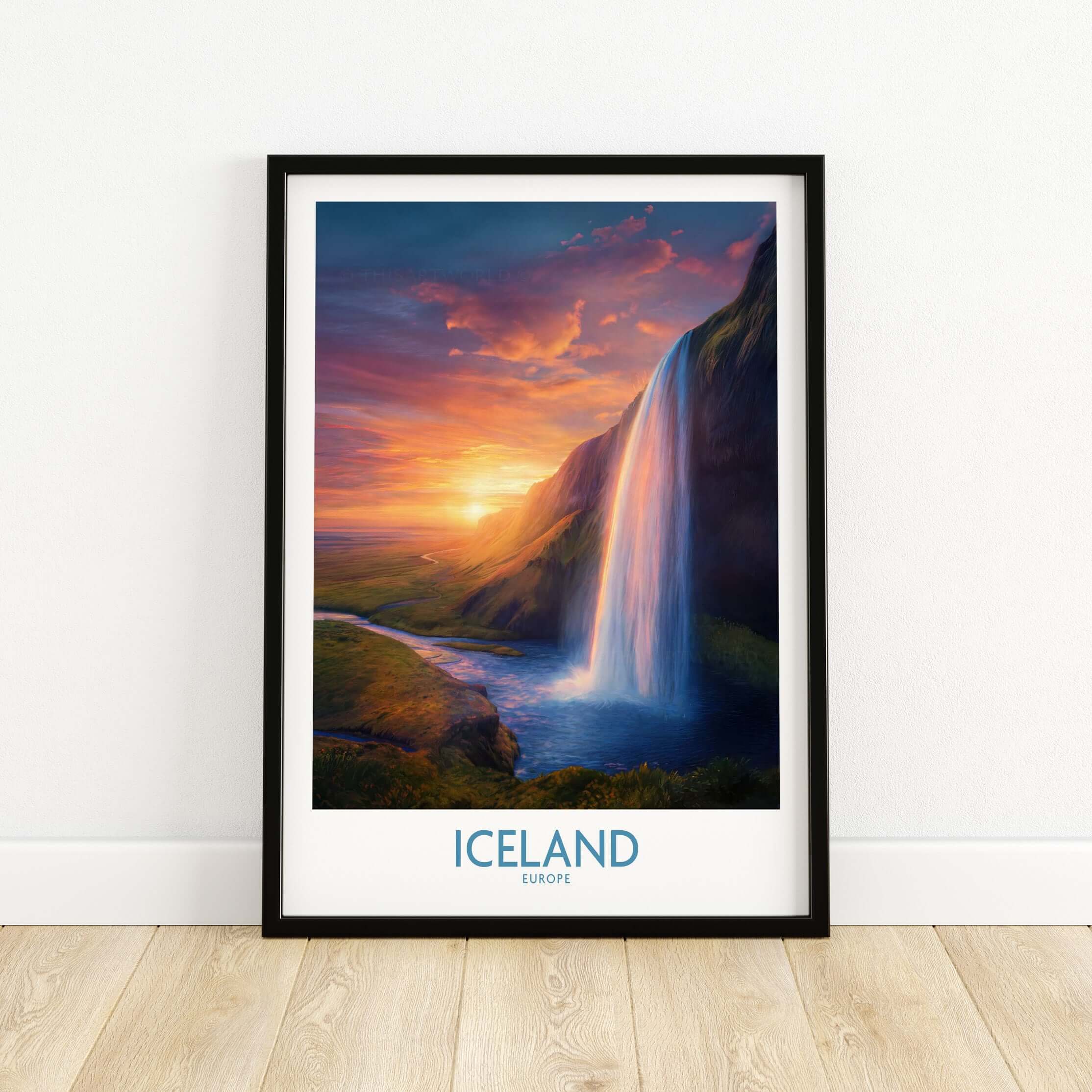 Iceland Wall Art | Seljalandsfoss Poster showcasing waterfall and sunset in Iceland.