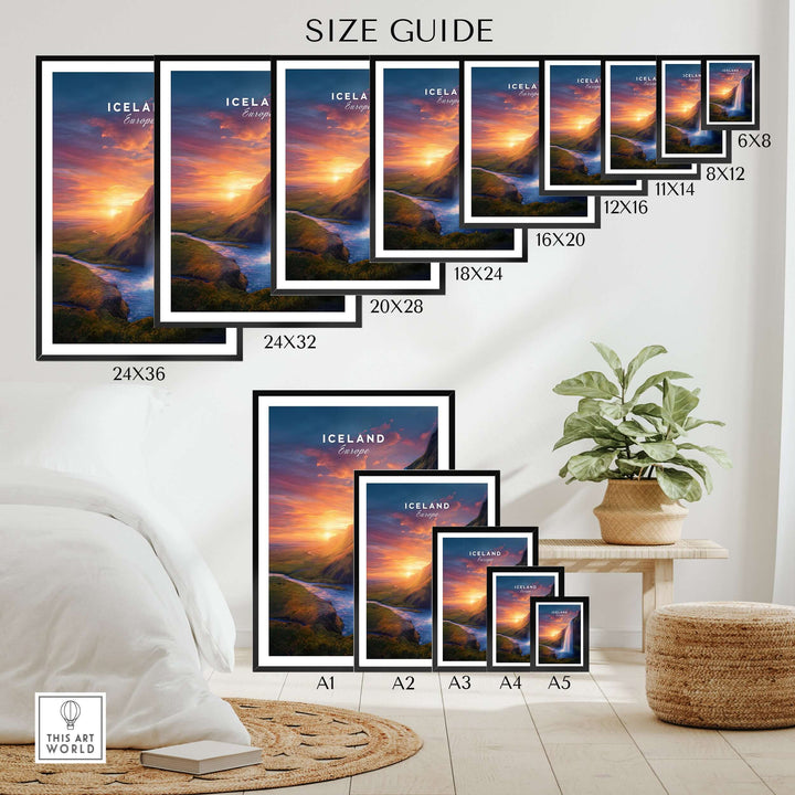 Iceland Poster | Icelandic Home Wall Art size guide showcasing various frame sizes in an elegant home setting.