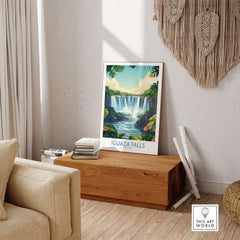 Iguazu Falls Poster Argentina displayed in a cozy living space, showcasing vibrant natural scenery.