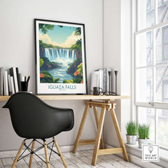 Iguazu Falls Poster Argentina displayed in a modern home office setting with vibrant colors and stunning details.
