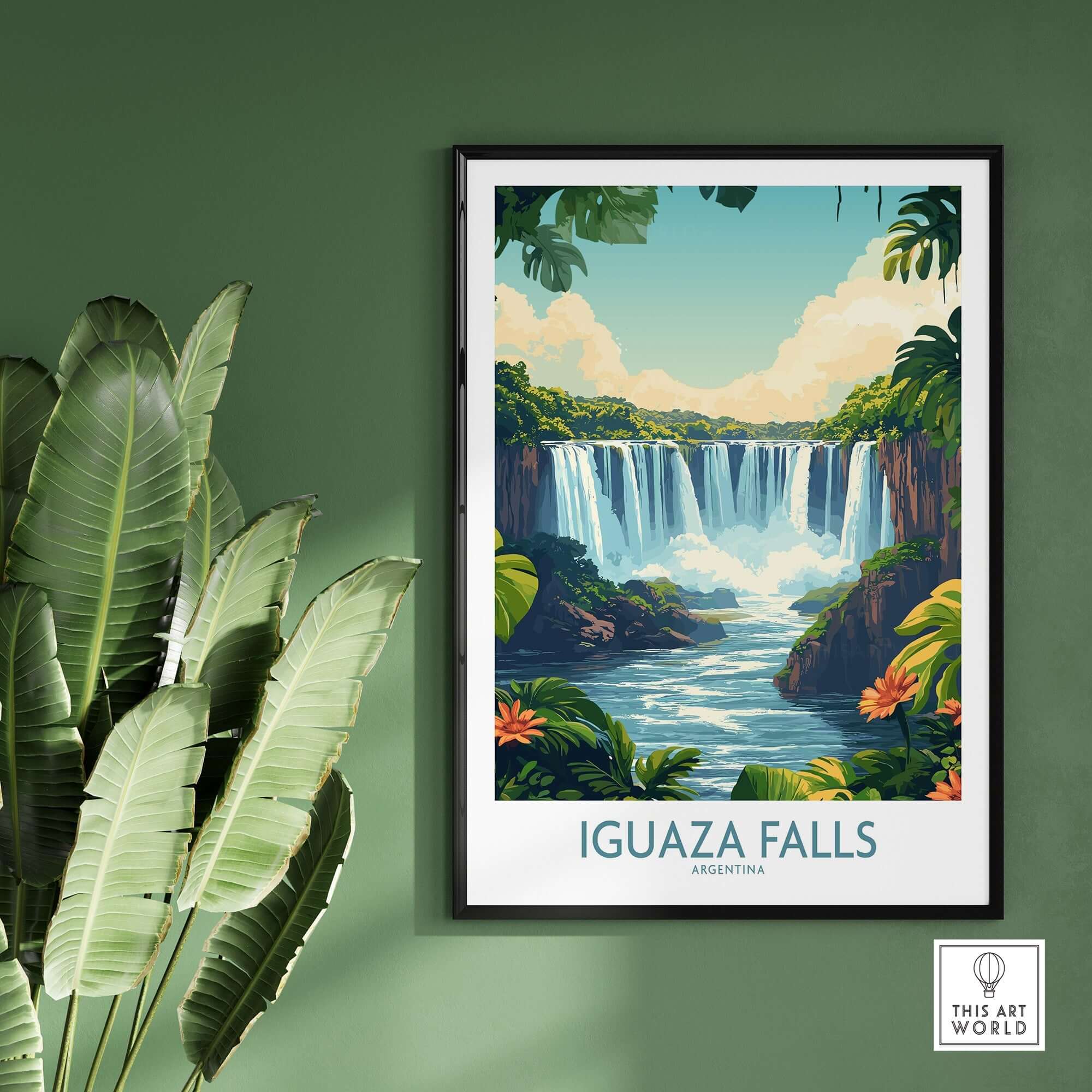 Iguazu Falls Poster Argentina showcasing vibrant nature and stunning waterfall artwork in a stylish frame.