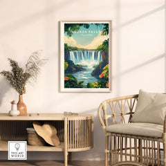 Iguazu Falls Print Argentina framed print on wall in a modern living room, showcasing lush greenery and waterfalls.