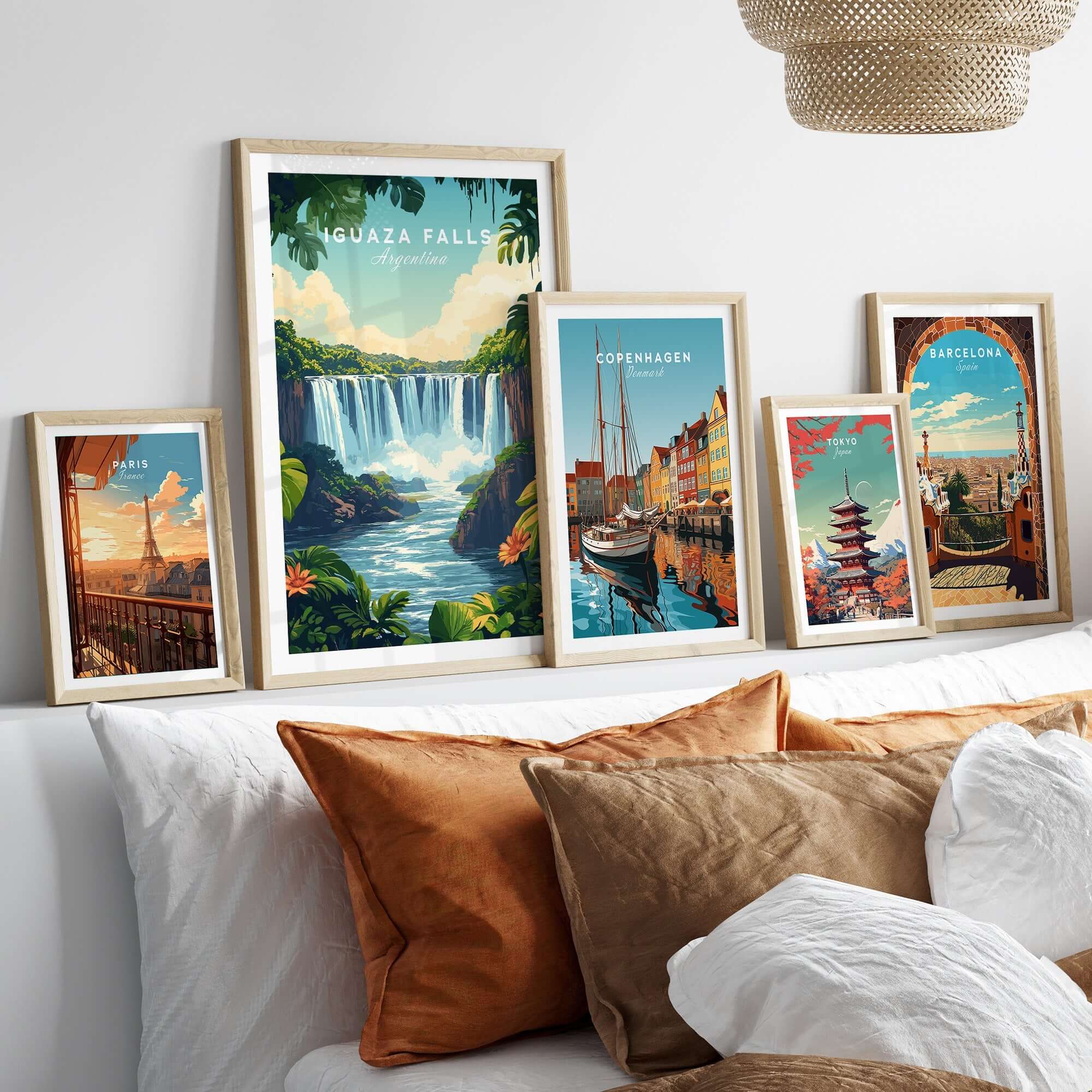 Framed images of landscapes including Iguazu Falls Print Argentina, showcasing natural beauty and travel destinations.