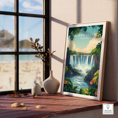 Iguazu Falls Print Argentina displayed in a stylish frame on a wooden table with a scenic background.