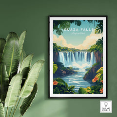 Iguazu Falls Print Argentina showcasing lush greenery and cascading water in a beautifully framed artwork.