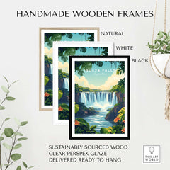 Iguazu Falls Print Argentina displayed in handmade wooden frames in natural, white, and black finishes.