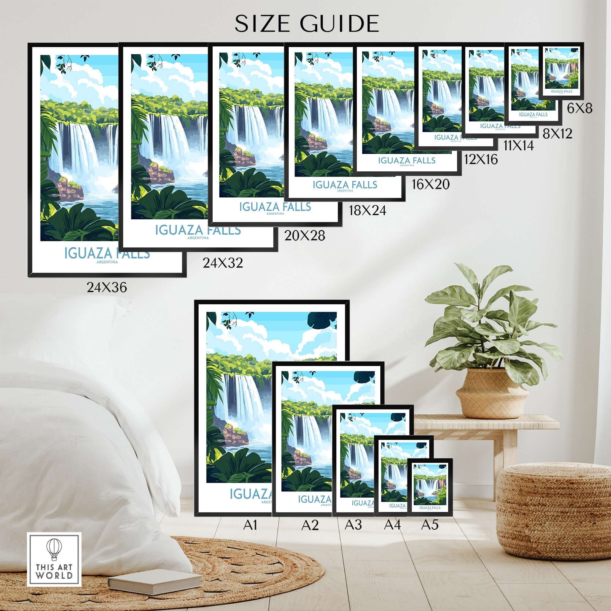 Iguazu Falls Travel Poster size guide showcasing various dimensions for home decor display.
