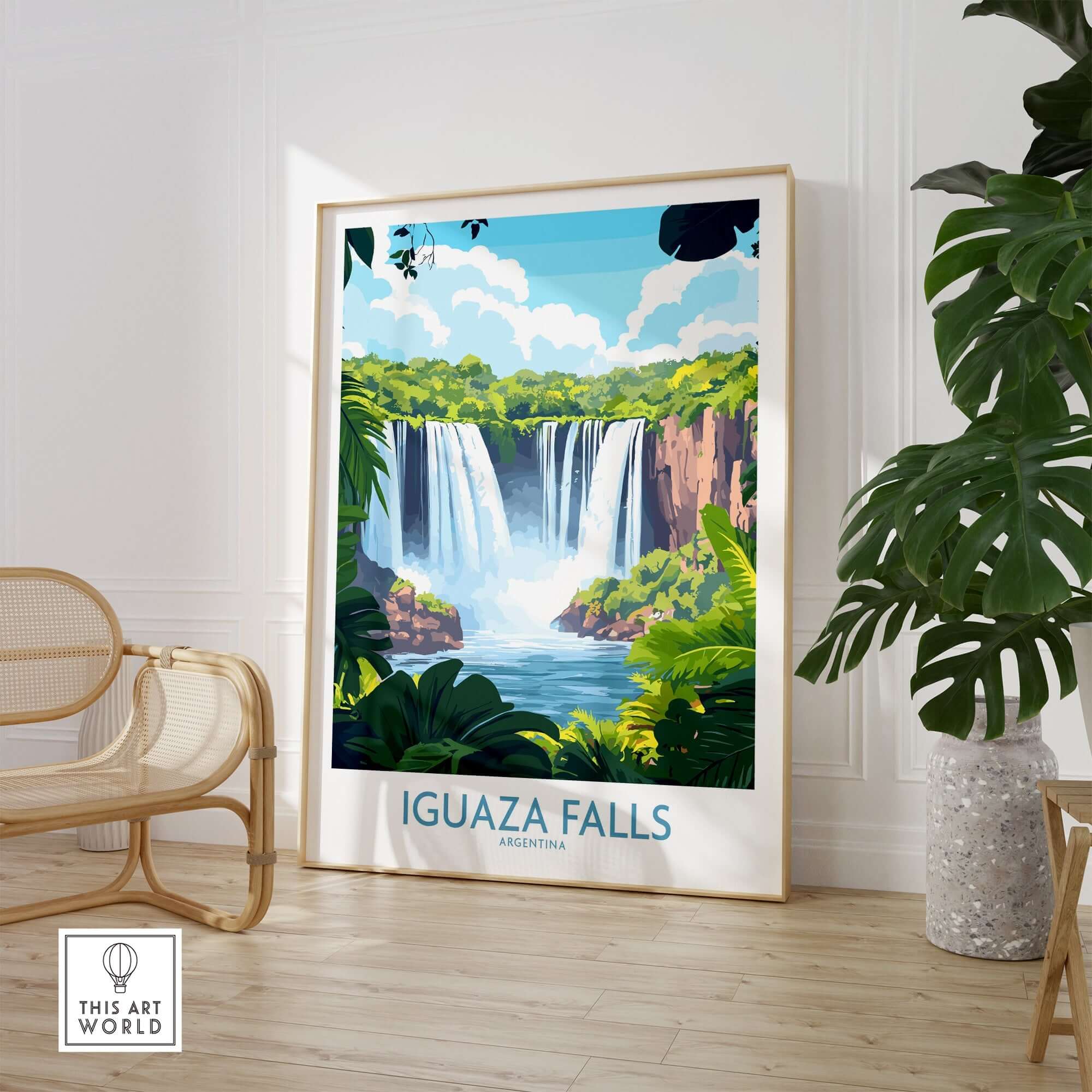 Iguazu Falls Travel Poster showcasing the stunning waterfalls and lush greenery in a vibrant art style.
