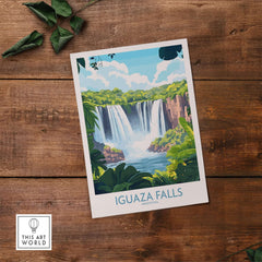 Iguazu Falls Travel Poster featuring vibrant colors and stunning nature scene of Iguazu Falls in Argentina.