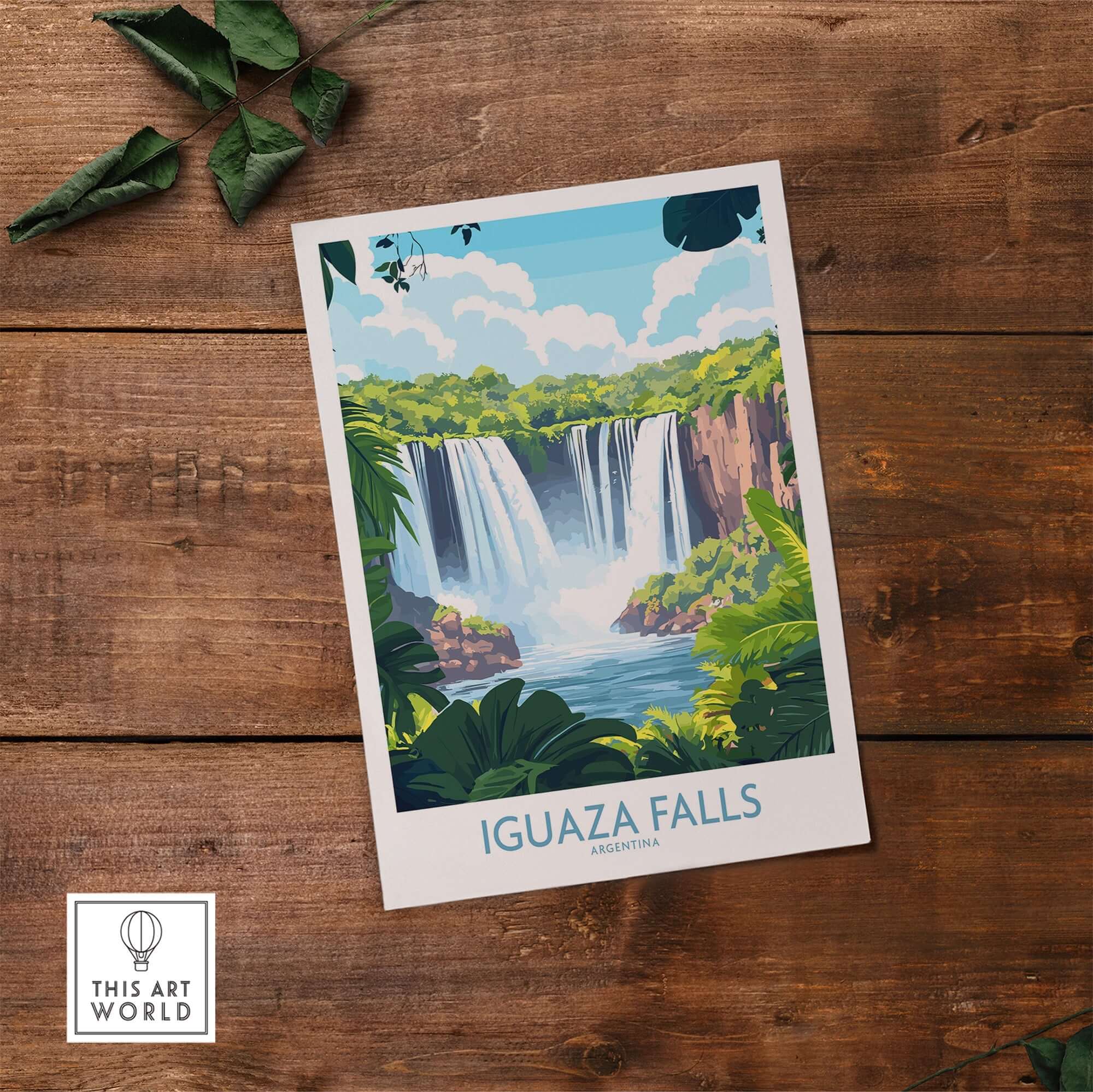 Iguazu Falls Travel Poster featuring vibrant colors and stunning nature scene of Iguazu Falls in Argentina.