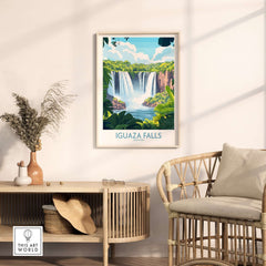 Iguazu Falls Travel Poster displayed in a stylish living room setting, showcasing vibrant colors and natural beauty.