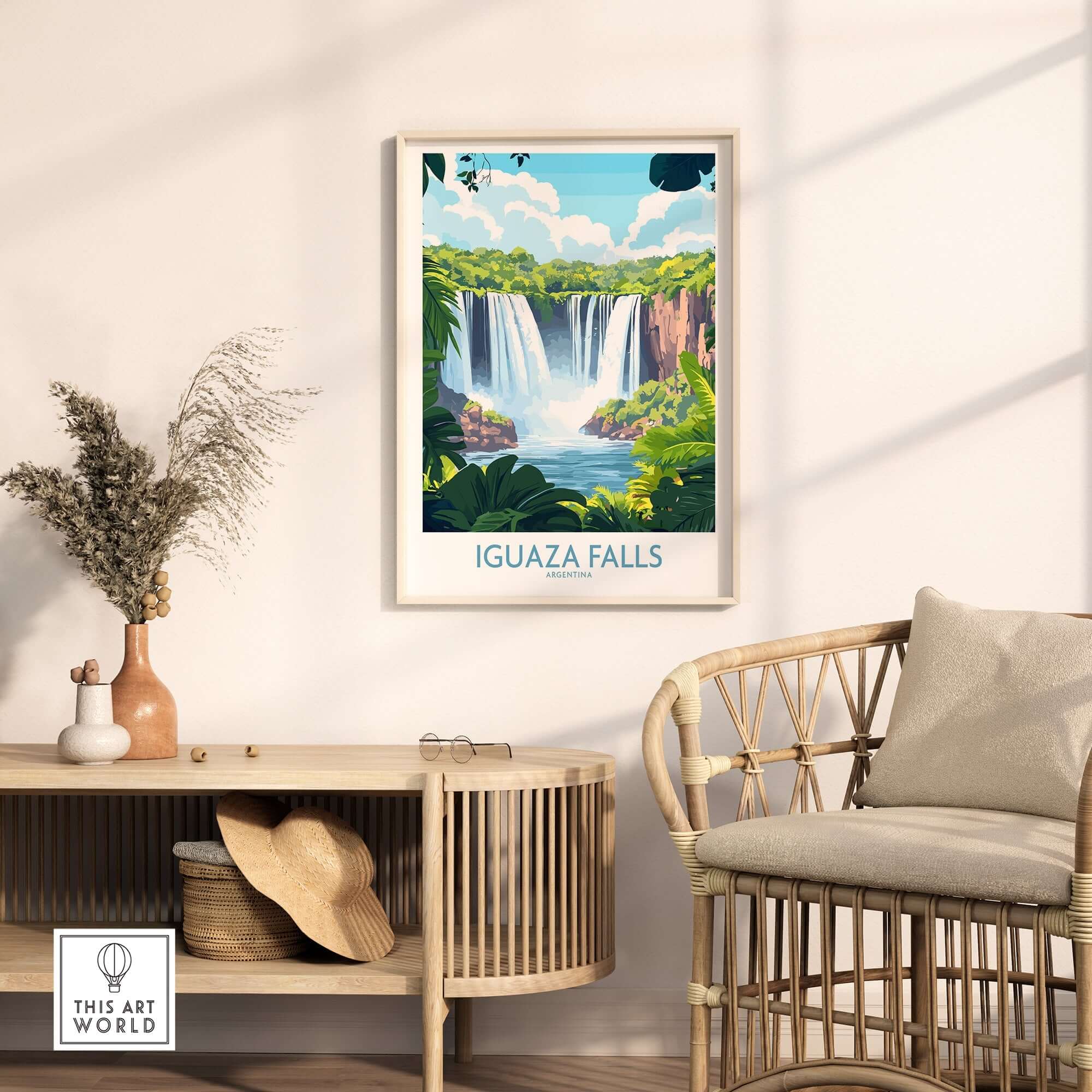 Iguazu Falls Travel Poster displayed in a stylish living room setting, showcasing vibrant colors and natural beauty.