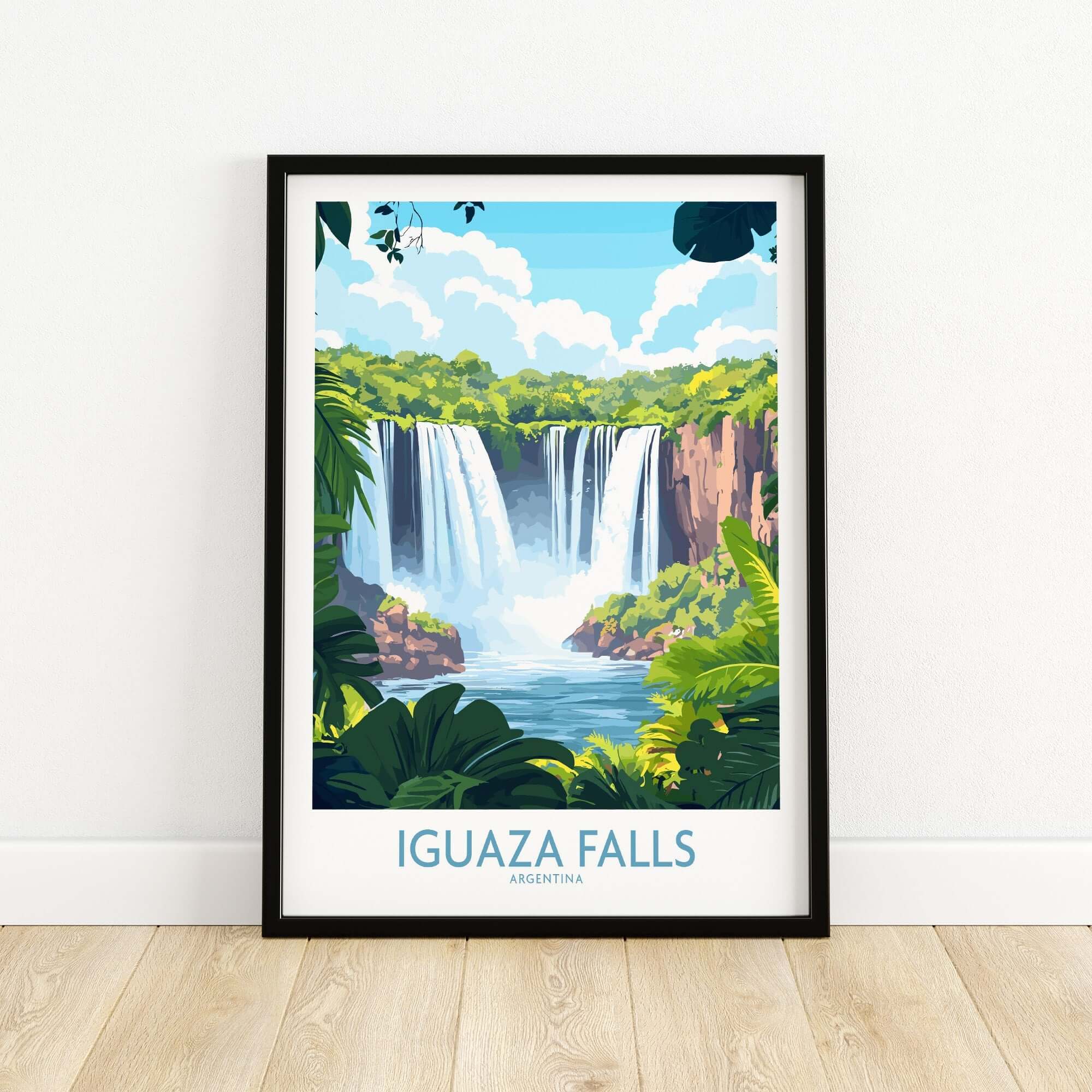 Iguazu Falls Travel Poster featuring vibrant colors and stunning artwork of Iguazu Falls in Argentina.