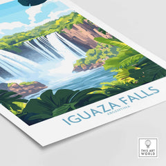 Iguazu Falls Travel Poster showcasing the stunning waterfalls and lush greenery of Argentina.