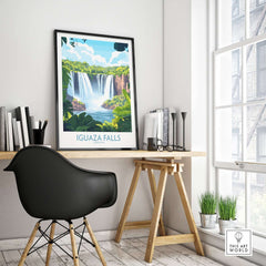 Iguazu Falls Travel Poster displayed in a modern home office, showcasing the stunning natural beauty of Iguazu Falls.