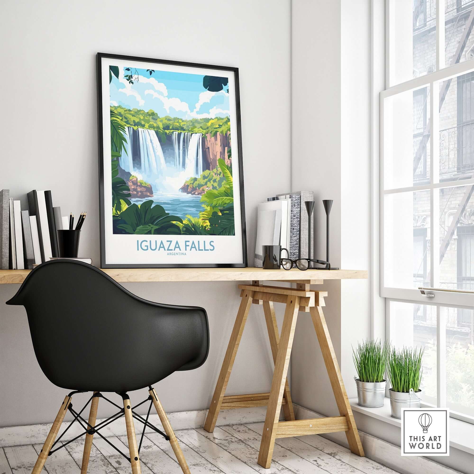 Iguazu Falls Travel Poster displayed in a modern home office, showcasing the stunning natural beauty of Iguazu Falls.