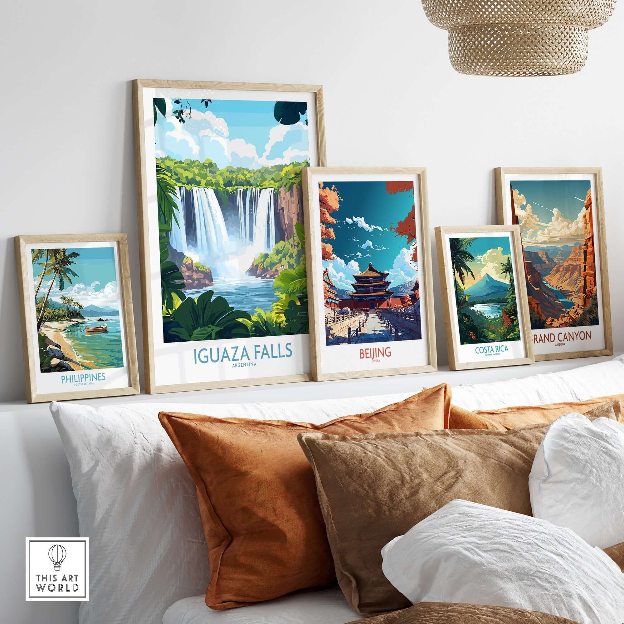 Iguazu Falls Travel Poster displayed among other travel posters in a stylish home decor setting.