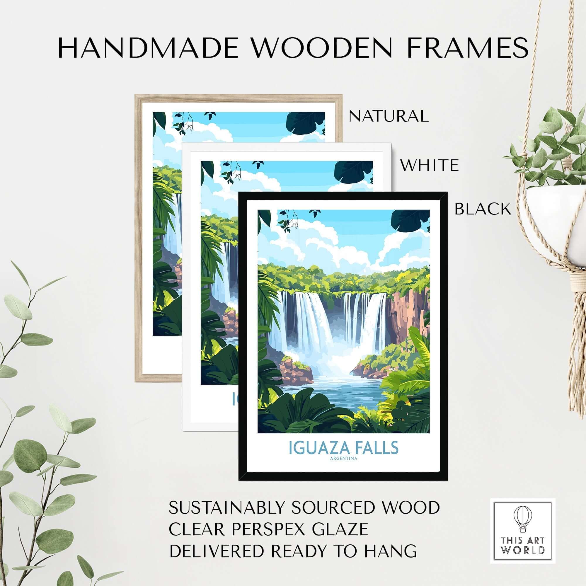 Iguazu Falls Travel Poster displayed in handmade wooden frames, featuring natural, white, and black options.