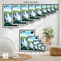 Size guide for Iguazu Falls Travel Print showcasing various frame sizes for display options.