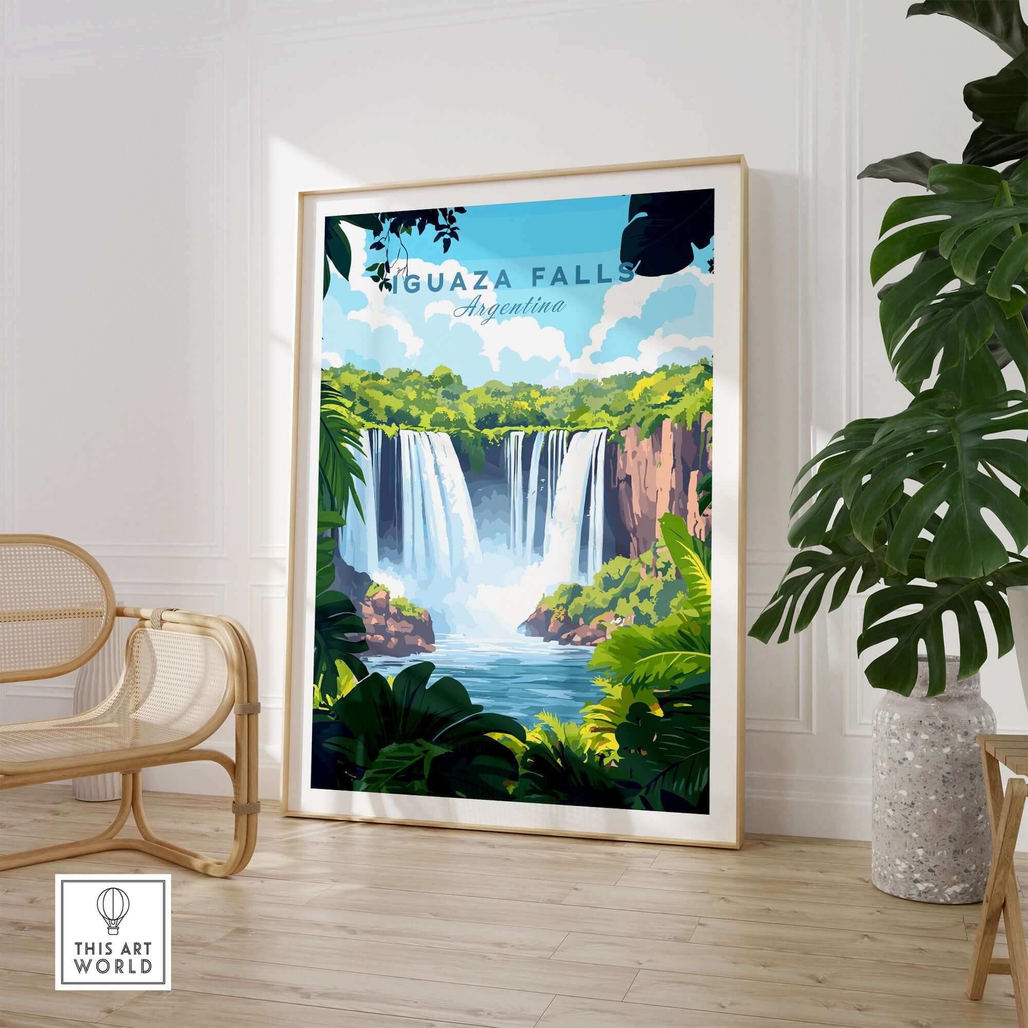 Iguazu Falls Travel Print showcasing vibrant imagery of waterfalls surrounded by lush greenery.